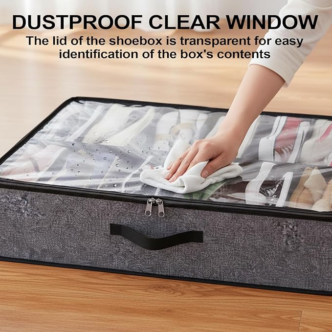 2 pc Sturdy Under Bed Shoe Storage Organizer, Underbed Shoes Closet Storage Solution with Clear Window, Breathable, With 1 Sock Bag and 20 Disposable Shoe Bags Fit 12 to 24 Pairs, Linen-like Black
