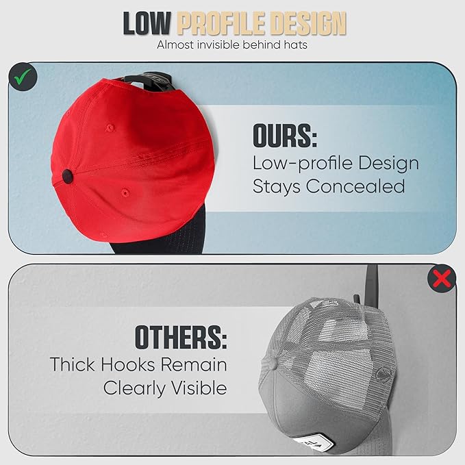 Modern JP Adhesive Hat Hooks for Wall (8-Pack) - Minimalist Hat Rack Design, No Drilling, Strong Hold Hat Hangers - USA Patented, Black