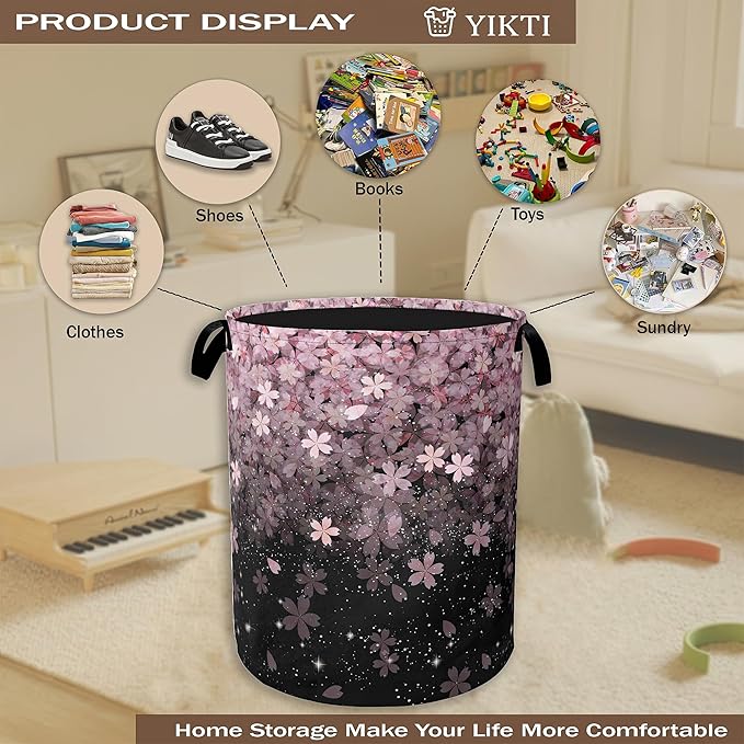 Pink Cherry Blossom Laundry Hamper,Spring Flowers Collapsible Laundry Baskets,Waterproof Oxford Cloth Laundry Room Organization for Bedroom,Bathroom,Nursery,16x20 Inch