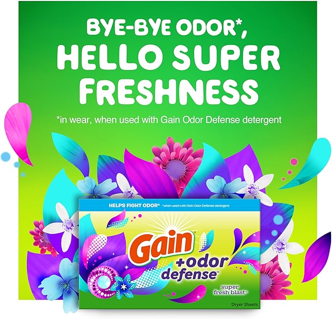 Gain Dryer Sheets Plus Odor Defense, Super Fresh Blast Scent, 120 Count, Helps fight static and odor, laundry sheets
