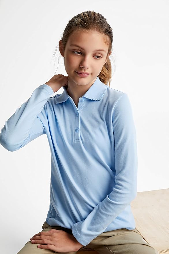 French Toast Girls' Picot Collar Polo Shirt with Long Sleeves (Kids Standard & Plus Size)