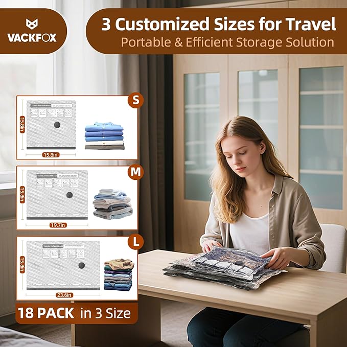18 Pack Travel Vacuum Bags for Clothing,Compression Seal Packing Cubes for Luggage Suitcase Backpack,Carry-on Size Space Saver Storage Bags 80% Space Saver for travel,outdoor and home use.