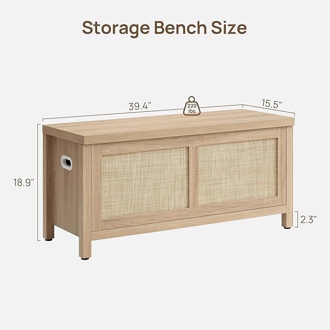 SICOTAS Rattan Storage Chest - 39.4" Storage Bench for Bedroom, Boho Storage Truck with 2 Safety Hinges and Flip Top for Living Room Entryway, Supports 220 lb, Light Oak