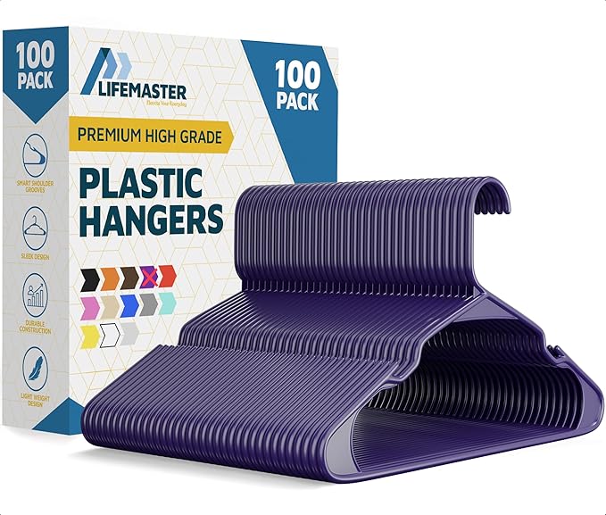 Lifemaster Plastic Clothes Hangers – Heavy Duty Hanger Set, for Organizing Clothes, Dresses, and Coat, Holds Up to 5 lbs, Space-Saving Hangers with Non-Slip Shoulder Grooves, Pack of 100, Purple
