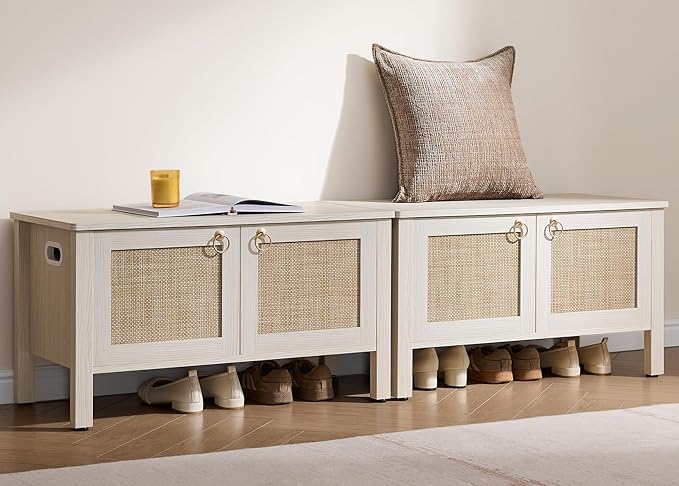SICOTAS Rattan Shoe Bench - 2 Pieces Farmhouse Shoe Organizer Bench with Lift Top Storage and Hidden Cabinet, Boho Shoe Rack Cabinet for Entryway, Hallway, Bedroom (White Cream Oak)
