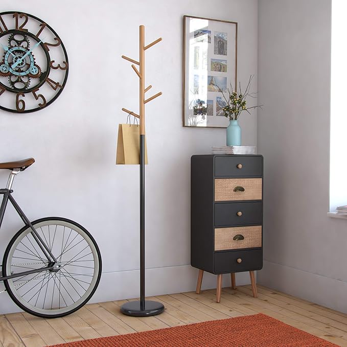 Versa Malmö Floorstanding Coat Rack ideal for hallway or entryway, with 6 Clothes or Bag Hooks or Hangers for the Hallway, Measurements (H x L x W) 171 x 28 x 28 cm, Metal and Wood, Colour Black