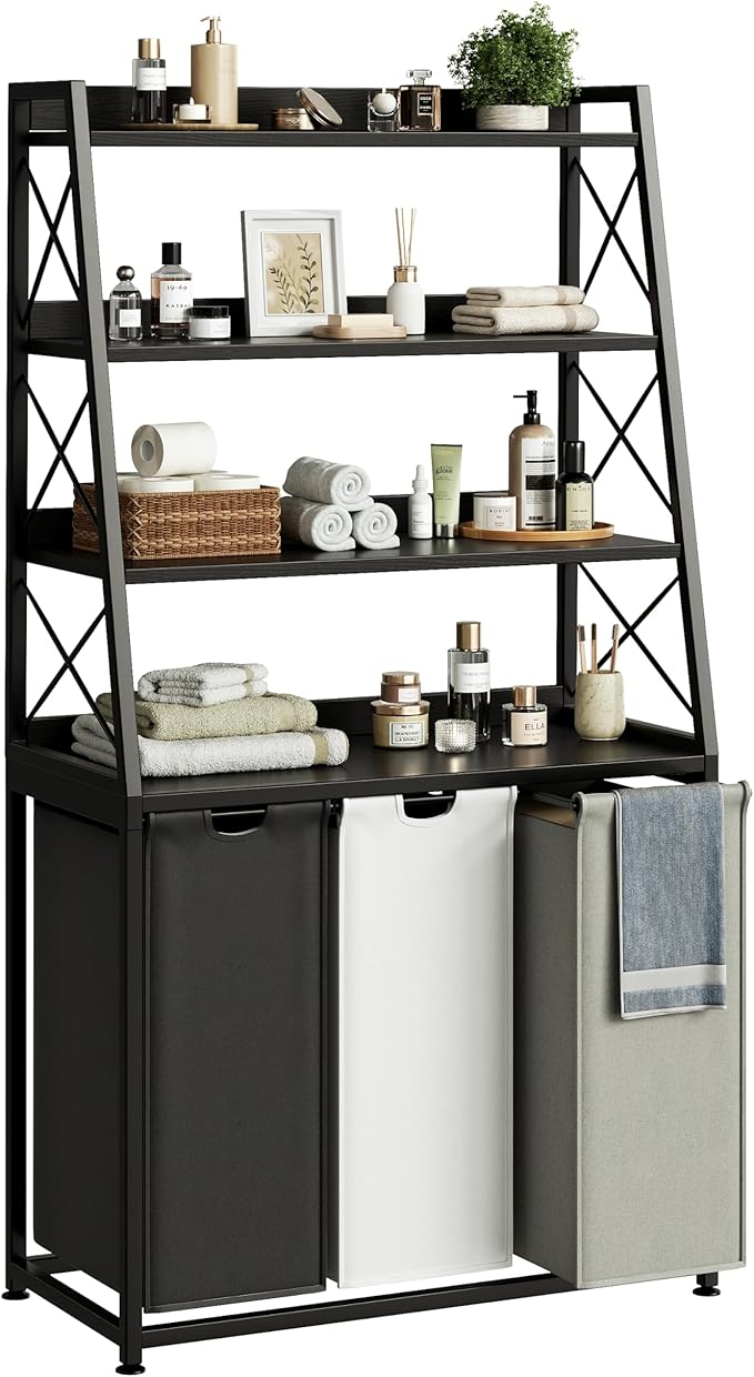 Laundry Basket, 3 Section Laundry Hamper with 4 Tiers Shelf, Pull-Out and Removable Laundry Bags, Large 3 x 15.87 Gallons, for Laundry Room Bathroom Black PF05XLK