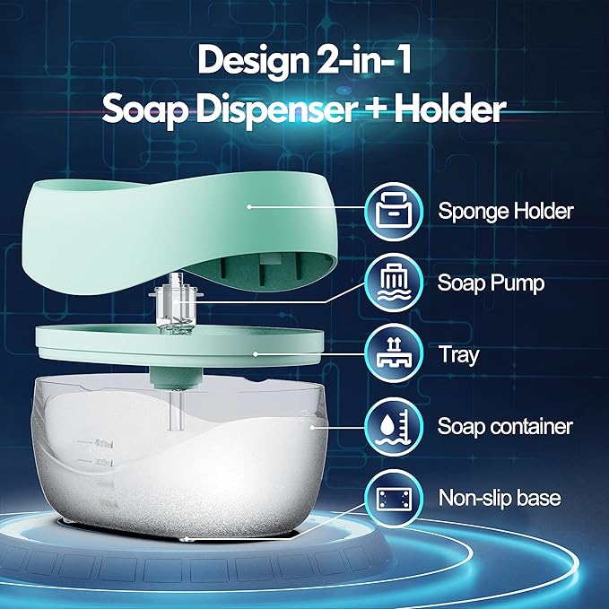 Dish Soap Dispenser with Sponge Holder for Kitchen Sink, 2 in 1 Soap Pump Dispenser Set, Useful Dishwashing Liquid Dispenser for Kitchen Countertop to Save Soap (Green)