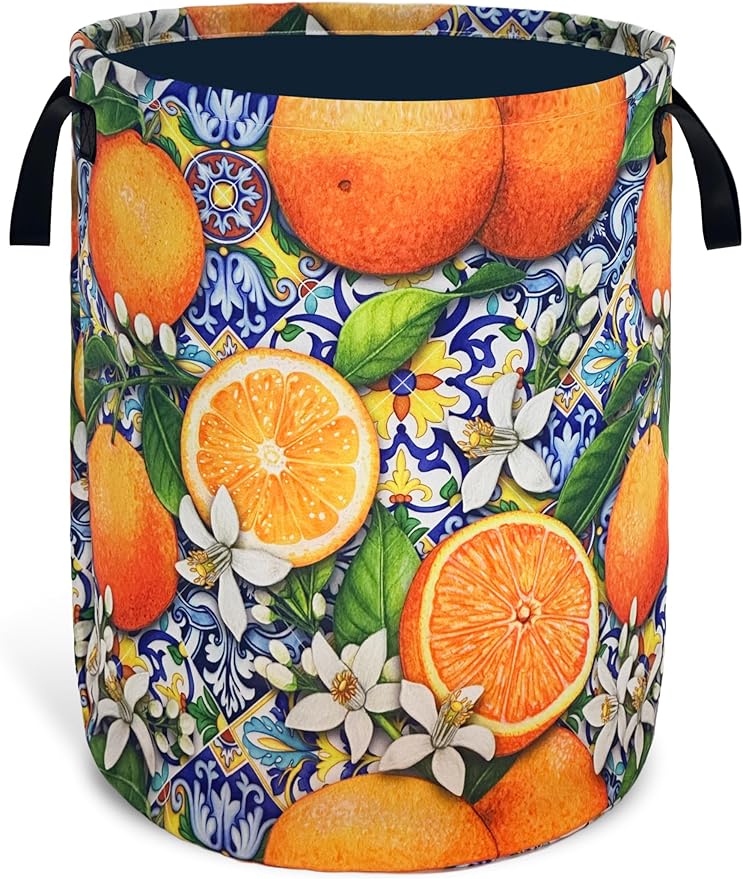 Tangerine Laundry Basket Mexican Tiles Foldable Oxford Cloth With Handle Portable Colorful Storage Basket Organizer Suitable For Laundry Room/Living Room/Children'S Room (18.9 X 16.5 Inch)