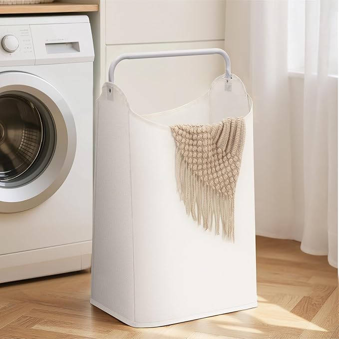 STORAGE MANIAC Large Laundry Hamper with Sturdy Metal Handle, Collapsible Laundry Basket, Freestanding Waterproof Clothes Hamper for Laundry Room, Bedroom, Dorm, Towels, Toys, White