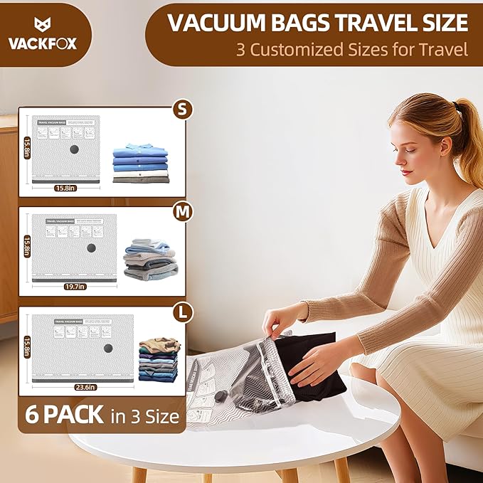 Travel Vacuum Storage Bags,6 Pack Carry-On Size Compression Packing Bags for Luggage and Suitcase, Space Saver for Clothes and Clothing Travel 80% Space Saver.