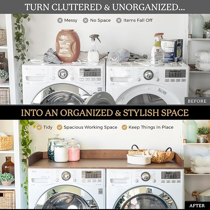 Nedura Washer Dryer Countertop with Anti-Vibration Pads, Curved Edge Rails, Premium Bamboo Laundry Countertop, Washer Dryer Topper, Laundry Room Organization, Laundry Room Accessory – Dark Walnut