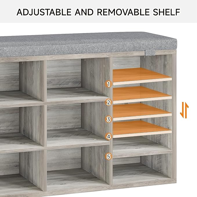 IDEALHOUSE Shoe Storage Bench with Cushion, 10 Cubbies Storage Rack Bench with Padded Seat, 41" Cubby Seat Shoe Cabinet with Adjustable Shelf for Entryway Hallway Living Room, Grey