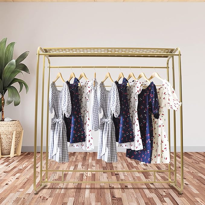 Heavy Duty Gold Clothing, Commercial Gold Rack for Clothes Retail Display Clothes Rack Double Rod Clothing Display Rack Floor Standing Metal Garment Rack for Clothing Stores Iron