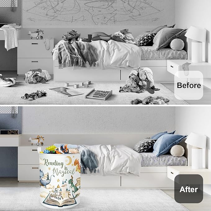 Dinosaur Laundry Hamper Large Storage Basket Cartoon Dino Collapsible Parents Organizer Kids Toy Clothes Bins for Bedroom, Bathroom, Magic Books, 63L