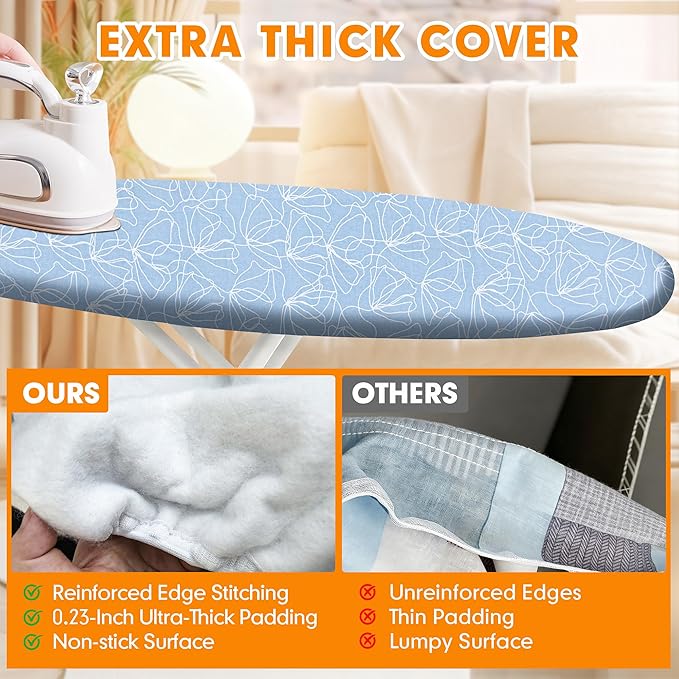Ironing Board Cover and Pad, 21x54 Extra Large Thick Iron Padding, Scorch & Stain Resistant Ironing board cover, Heavy Duty Iron Board Padded with Adjustable Fasteners Durable Elastic Edge, Sky Blue