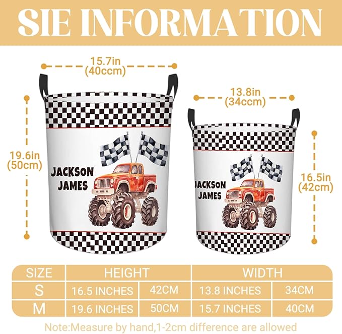 Personalized Truck Laundry Basket, Custom Laundry Hamper With Name Gifts For Kids Baby Adults, Collapsible Dirty Clothes Storage Organizer With Handles S 16.5 X 13.8in
