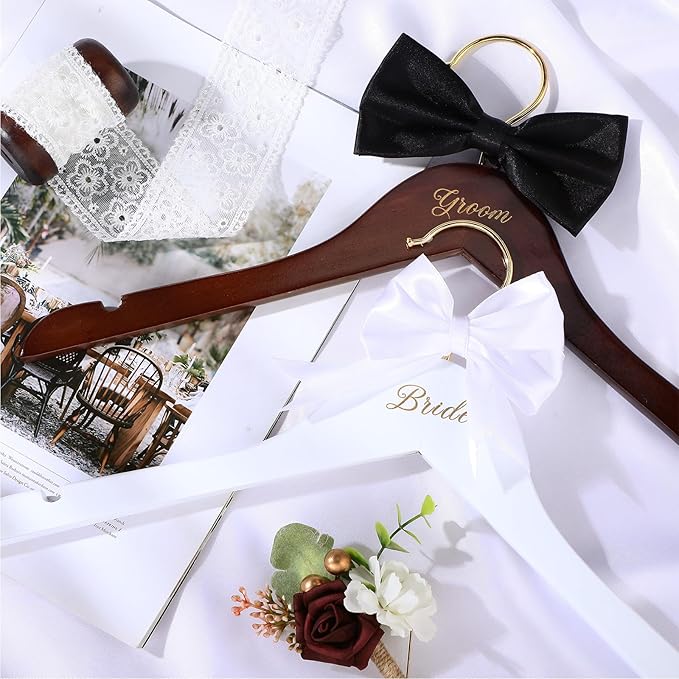 2 Pcs Bride Hanger for Wedding Dress Bride and Groom Wooden Wedding Dress Hanger Set with Bow Tie for Tuxedo Suit Gift Bridal Party Shower
