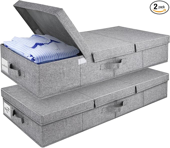 2 Pack 48L Under Bed Storage Containers, 6 Inches Tall Foldable Underbed Clothes Storage with Lids&3 Handles, 31.5 x 15.7 x 6 inches Low Profile Stackable Bins Box for Bedroom Blankets Clothes Shoes