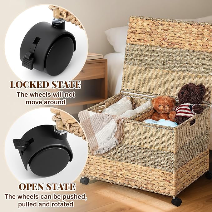 23×17.5×16 in Wicker Storage Trunk with Wheels and Lid, Heavy Duty Rolling Wicker Basket for Blankets Large Toy Chest Water Hyacinth Woven Blanket Bin for Bedroom, Laundry Room