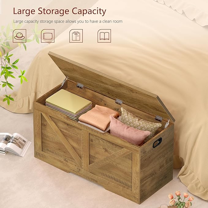 usikey Toy Box, Storage Chest with Safety Hinges, Lift Top Wooden Toy Chest, Storage Bench, for Living Room, Bedroom, Entryway, Honey Brown