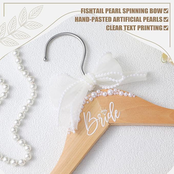 Bride Wedding Dress Pearl Mrs. Hanger with Pearl Ribbon Bow Elegant Wooden Dress Hanger to Be Ideal Keepsake for Wedding Day Gift(Brown,Bride)