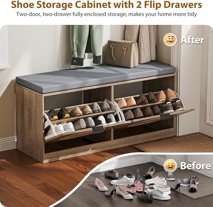 Rattan Storage Bench with Cushion & Coat Rack, Shoe Rack with 2 Flip Drawers, Narrow Shoe Storage Cabinet, Shoe Bench for Entryway, Living Room, Rustic Oak, Round