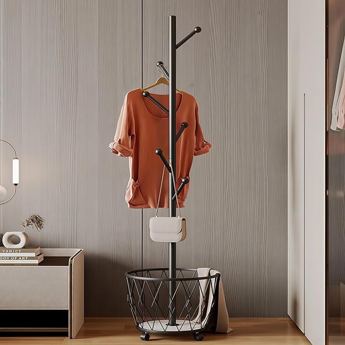 Freestanding Metal Coat Rack Stand with Basket Modern Organizer for Scarf Jacket Hat Bags Ideal for Home Entryway Bedroom Corner Stable and Moveable tree (black)