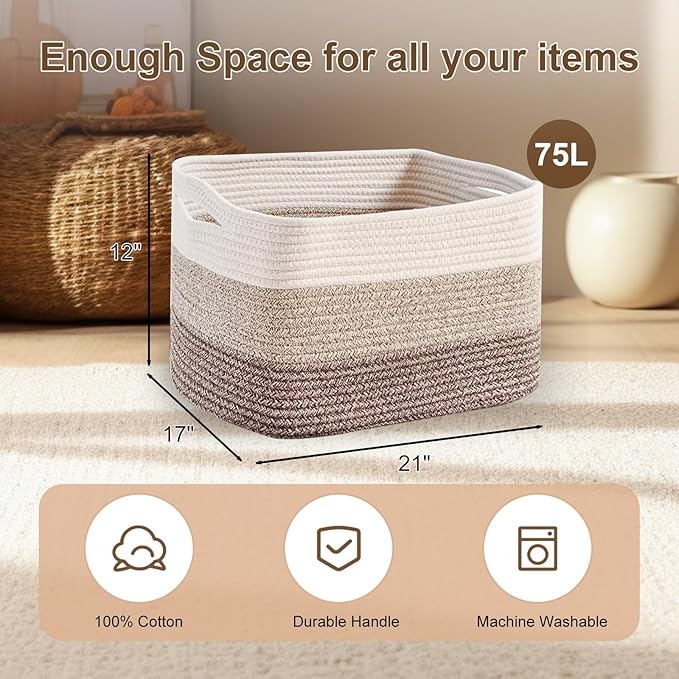 gradient Yellow Laundry Basket with handle - 21"×17"×12" Large woven Cotton Rope blanket basket,storage basket for Blankets,Baby Toys & Clothes (Fits Bathroom,Nursery, bedroom,Living Room)