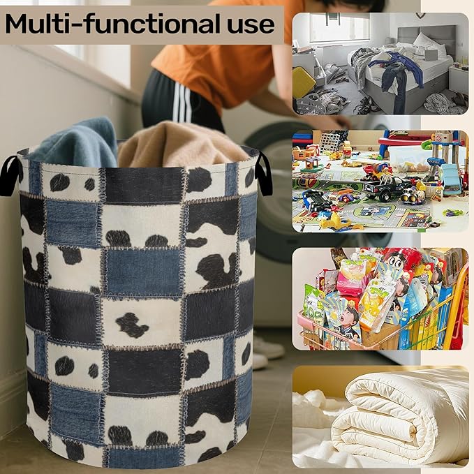 Denim Patchwork Cow Print Large Clothes Hamper Bag - Laundry Basket with Handles, Space Saving Foldable Design for Nursery