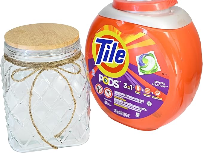 Skywin TidyFriend Glass Laundry Pods Container, Laundry Containers with Lid, Laundry Room Organization Jars, Dishwasher Pods Container, Laundry Jars (Clear) (Jar with Ropes and Wooden Lid)
