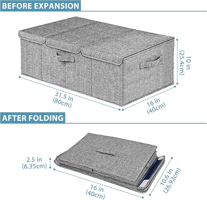 Deep Under Bed Storage Container, 10" Tall Height Underbed Box Bin with Lids 31" Long Large Basket for Under Bed, Bedroom, Dorms, Clothes, Bed sheets, Blankets, 2 Pack, Grey