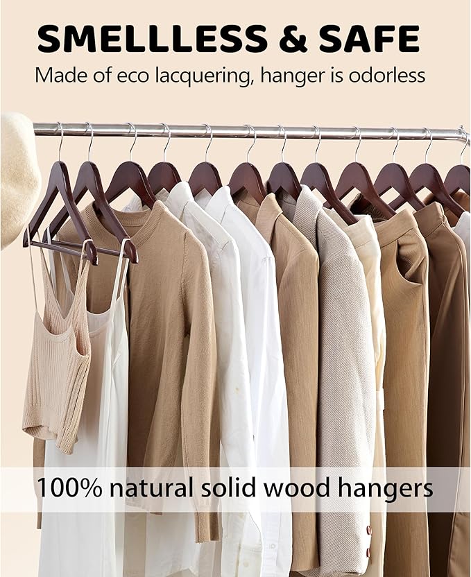 Wooden Hangers 30 Pack, Smooth Wood Hangers with 360 Swivel Hook & Notches, Solid Coat Hangers Wooden for Closet, Walnut