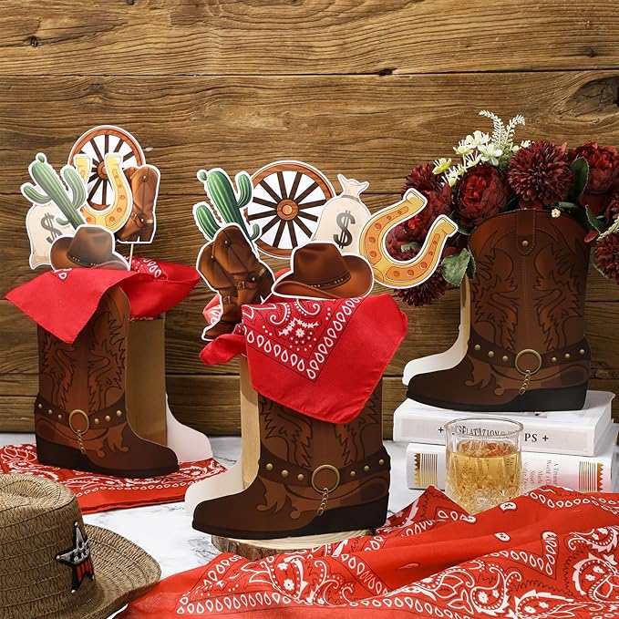 8 Sets 129 Pcs Cowboy Western Party Centerpieces - Brown Paper & Wooden Stick Cutouts with Cowboy Boots Shaped Boxes for Western Party Decor