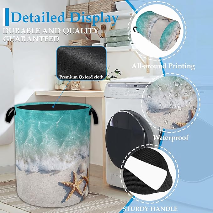 Sea Beach Starfish Laundry Basket Collapsible Laundry Hamper, Oxford Cloth Storage Bin for Room/Bathroom/Bedroom/Dormitories 16" X 20.8"