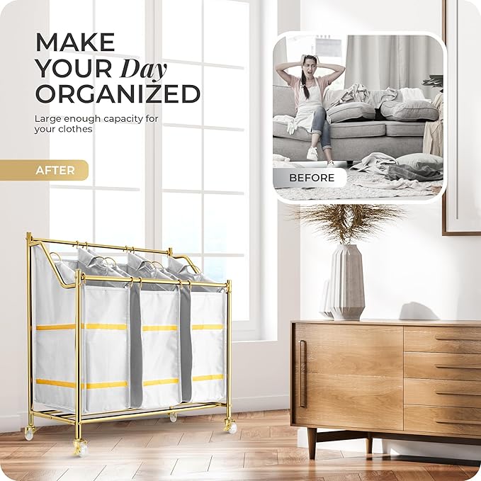 LUXURY STYLE 3- Sections Laundry Sorter, Roling Laundry Cart, Modern Golden Hamper, 3-Bags Organizer with Wheels, Laundry Basket, XL Hamper for Clothes, Toys, and Towels (Classic White)