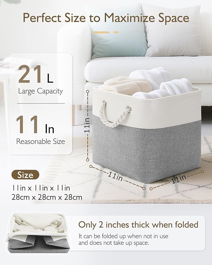 11 Inch Cube Storage Bins, 6 Pack Fabric Storage Cubes with Rope Handles, Organizer Baskets for Closet Shelves, Clothes and Home Organization(White/Gray)