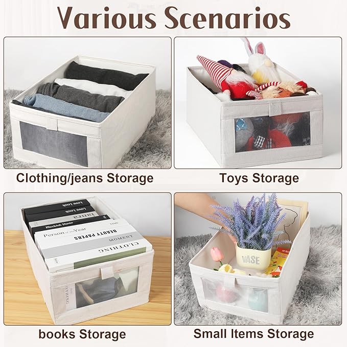4 Pack Linen Organizers and Storage, Closet Storage Bins Linen Closet Baskets for Organization Foldable Organizer Bins with Clear Window for Organizing Clothing, Beige