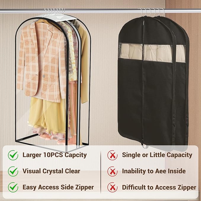 Garment Bags for Hanging Clothes 60” Long, Ultra Clear Suit Bags for Closet Storage, Moving Organization, Travel Covers with 10" Gussets for Coat, Dress, Shirt and Sweater - 2 PCS