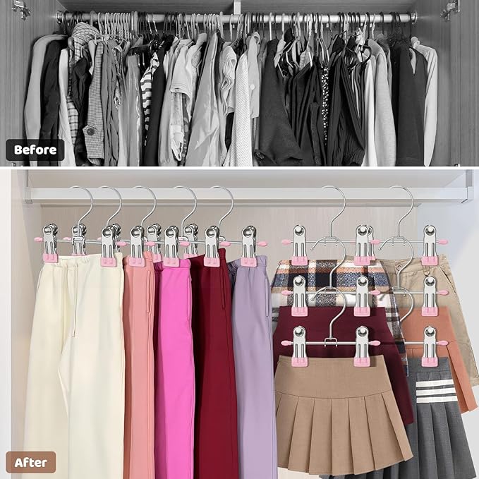 24 Pack Baby Hangers with Clips, 360°Rotatable Toddler Pant Hangers with Clips, Non-Slip Space Saving Kids Hanger for Newborn Children Clothes Skirts Boots Closet Organizers, Pink