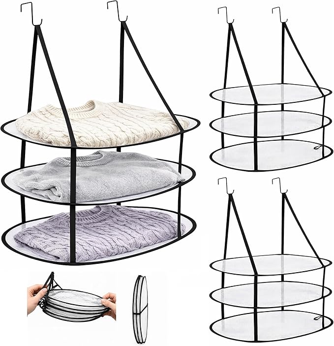 SAMJANE Sweater Drying Rack Hanging – Lay-Flat Warp-Knit Airflow Mesh for Delicates, 3-Tier Foldable Space-Saving Door-Hanging Design for Fast Drying & No Deformation in Small Spaces (Black- 3 Pack)