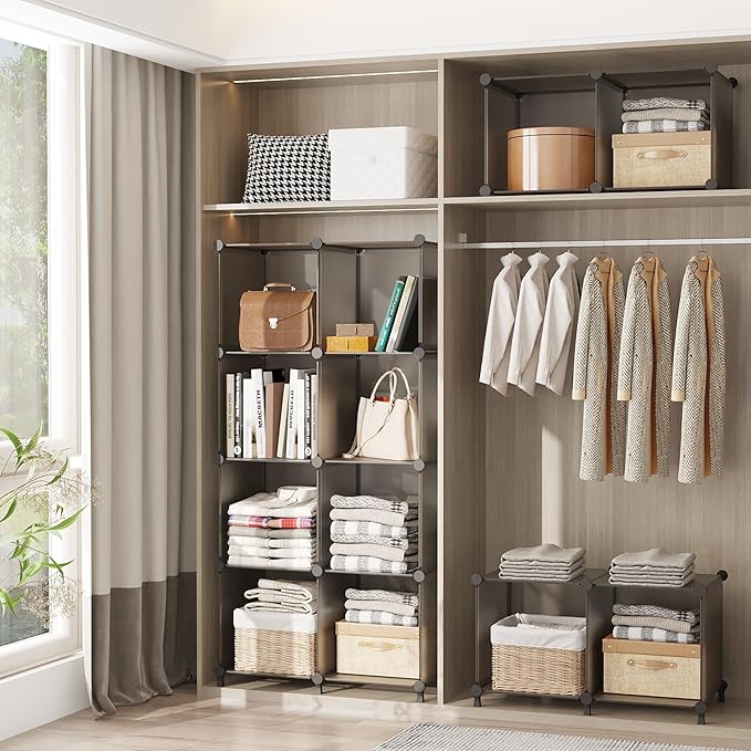 AWTATOS Cube Storage Organizer, 16 Cube Closet Organizer, Stackable Storage Cube Shelves, DIY Portable Closet Clothes Organizer Shelving for Bedroom, Closet, Wardrobe, Bathroom, Grey