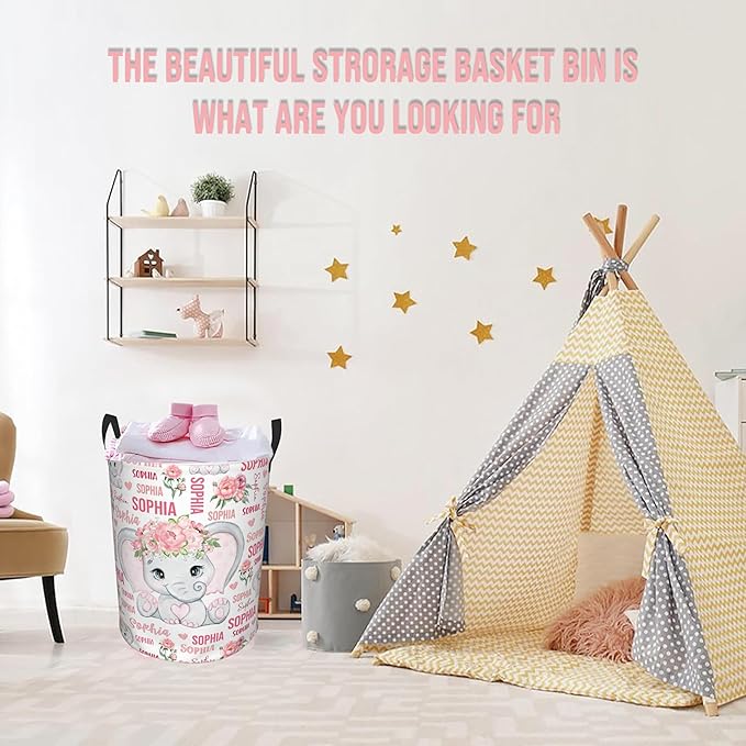 Elephant Laundry Basket,Personalized Laundry Hamper for Boys Girls,Custom Laundry Basket With Name, Customized Dirty Clothes Hamper for Bathroom Bedrooms,S-16.5"X 13.8"