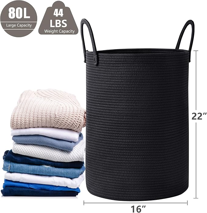 80L Black Woven Rope Hamper Laundry Basket for Clothes Tall Modern Blanket Storage Basket in Living Room Bedroom Extra Large