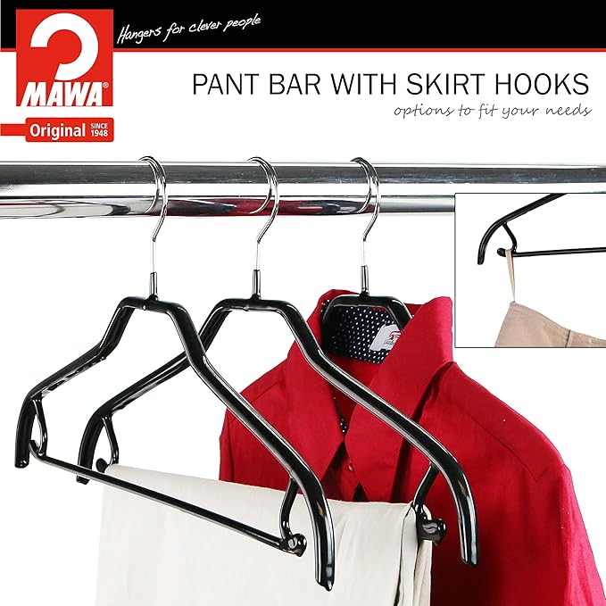 MAWA by Reston Lloyd Silhouette Series Non-Slip Space Saving Clothes Hanger with Bar & Hook for Pants and Skirts, Style 41/FRS, Set of 100, Black