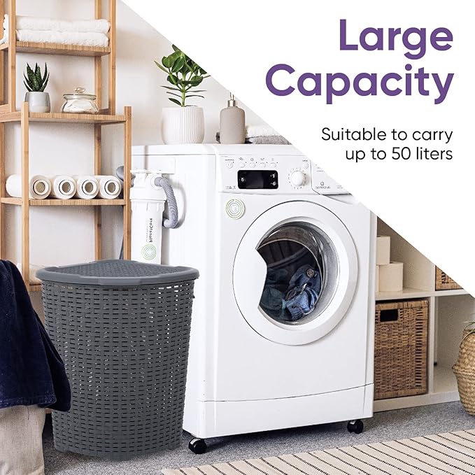 Plastic Corner Laundry Hamper with Lid, Curved Designed Laundry Basket, Triangle Grey Cloths Hamper Organizer with Cut-out Handles for Laundry Room Bedroom Bathroom, Wicker Design, 50 Liter