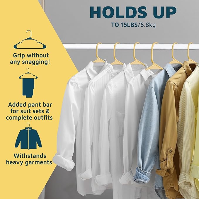 Lifemaster Plastic Clothes Hangers – Heavy Duty Hanger Set, for Organizing Clothes, Dresses, and Coat, Holds Up to 5 lbs, Space-Saving Hangers with Non-Slip Shoulder Grooves, Pack of 5, Yellow