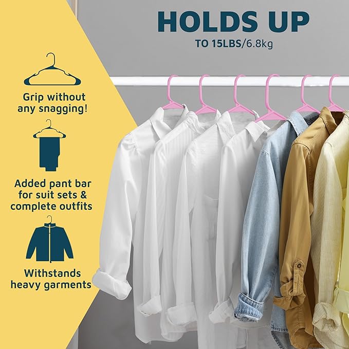 Lifemaster Plastic Clothes Hangers – Heavy Duty Hanger Set, for Organizing Clothes, Dresses, and Coat, Holds Up to 5 lbs, Space-Saving Hangers with Non-Slip Shoulder Grooves, Pack of 100, Pink