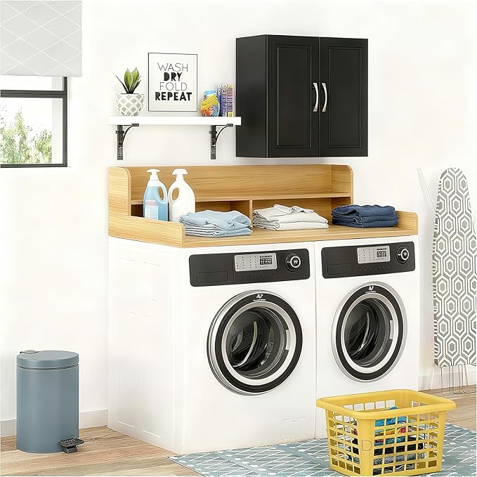 2-Tier Washer and Dryer Countertop, Wooden Washer Dryer Countertop, 27.5" Depth X 54" Laundry Countertop Over Washer and Dryer for Folding Clothes Over Washer and Dryer (Light Walnut)