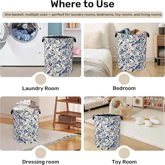 Navy Blue Beige Birds Laundry Basket - Heavy Duty 60L Dirty Clothes Organizer, Water Resistant Foldable Hamper for Men Women